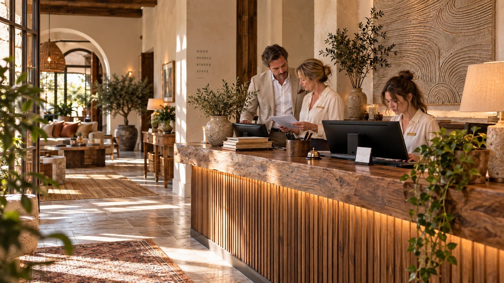 A hotel front desk team working together in a warm lobby