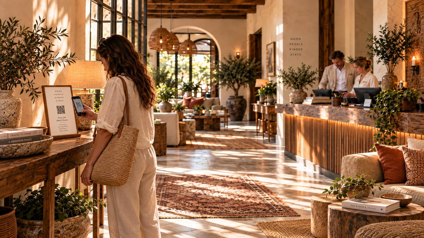 A guest scanning the hotel guide QR code in the lobby