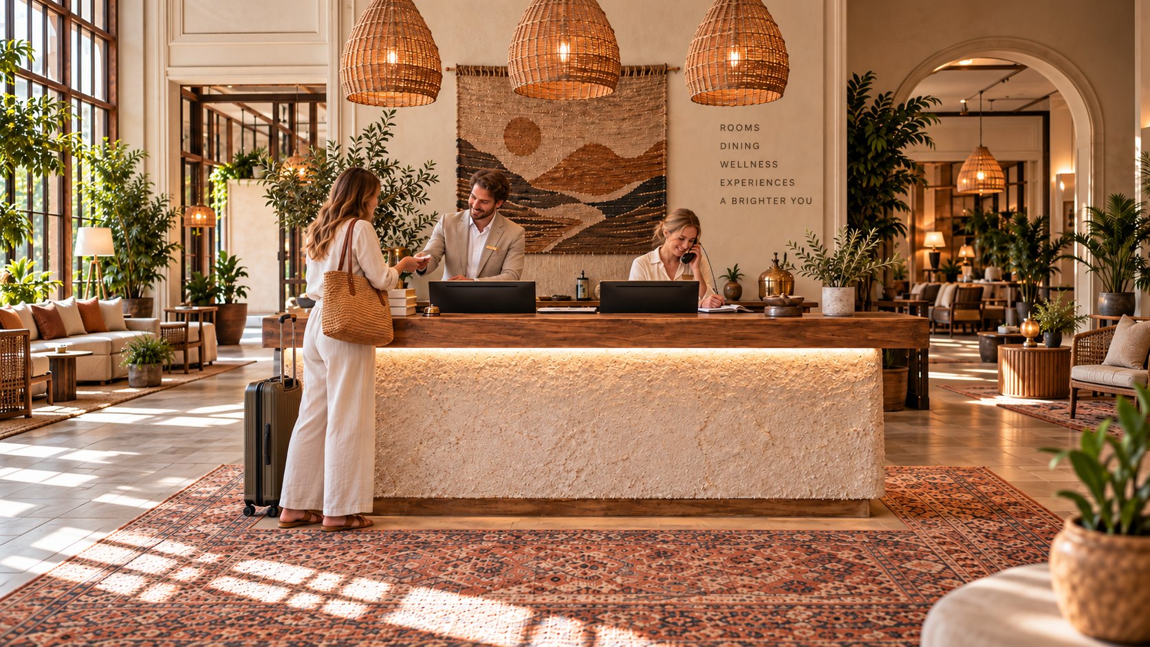 A warm hotel lobby with a friendly front desk